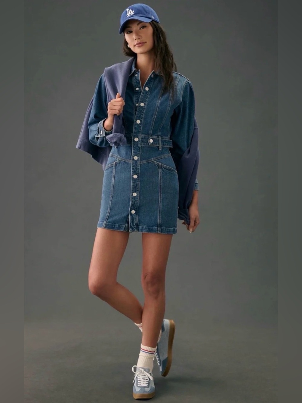 MOTHER The Batwing Cinch-Waist Denim Dress Button-Front in Beer Me Sz: M $525